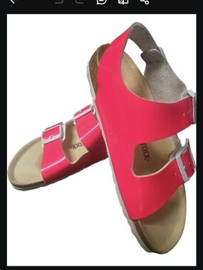 Birkenstock Womens Sz 38 (7.5/8) Neon Pink & White Two-Strap Sandals
